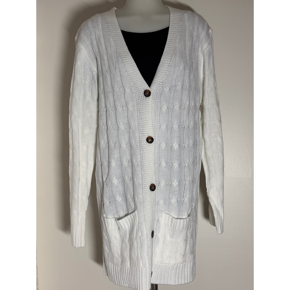 Womens White Cable Knit Long Cardigan Sweater Size XL Pockets Button Front